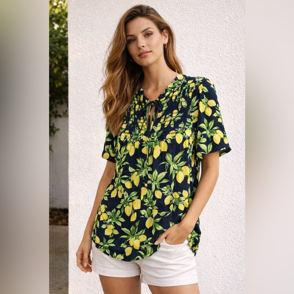 LOFT Lemon Print Smocked Tie Neck Blouse Navy Yellow Size S NWT